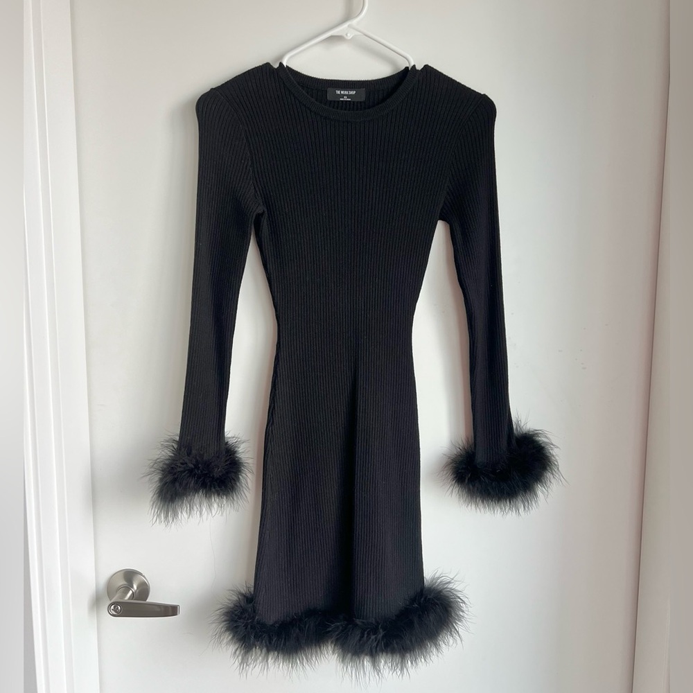 Black Ribbed Long-Sleeve Dress with Feather Trim